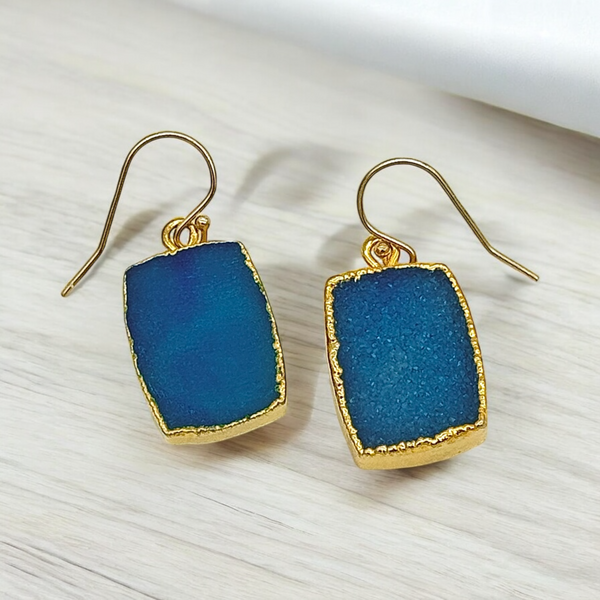 Large Rectangle Blue Druzy Earrings