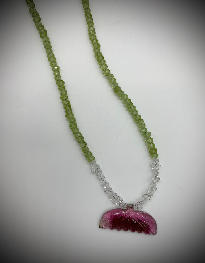 Faceted Peridot and Hermiker Diamond w/Carved Pink Tourmaline Necklace - Jewelry Edgecomb Potters