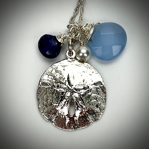 Large Sand Dollar Pendant with Lapis and Blue Quartz