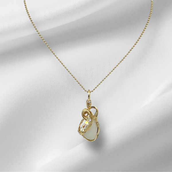 Milk White Sea Glass 14K Gold Pendant